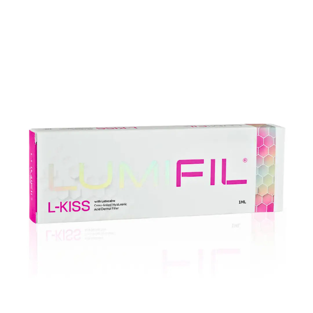 LUMIFIL L-KISS dermal filler packaging, 1ml box with Lidocaine, highlights volume enhancement.