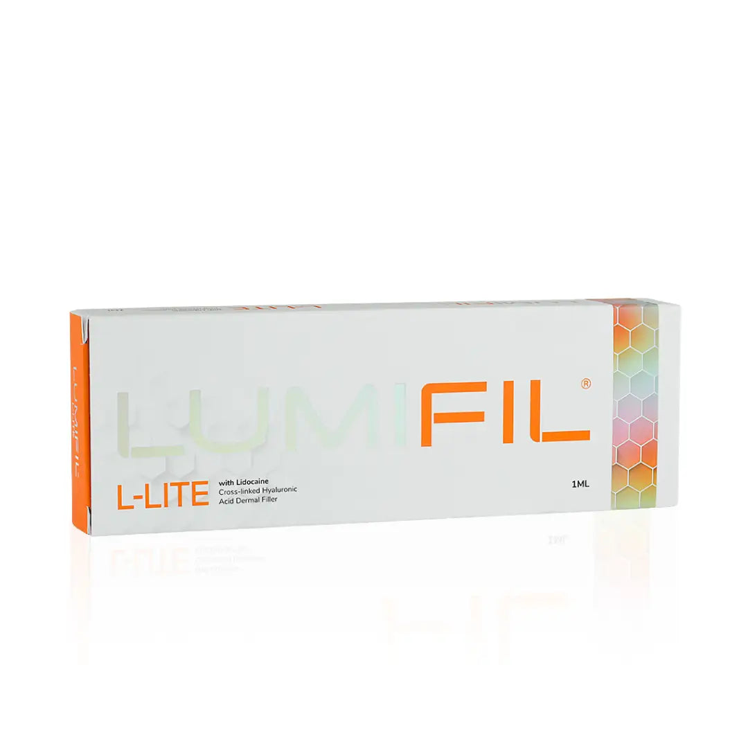 Box of LUMIFIL L-LITE featuring orange and white design, labeled for detailed facial enhancements and fine line treatment, 1ml size.