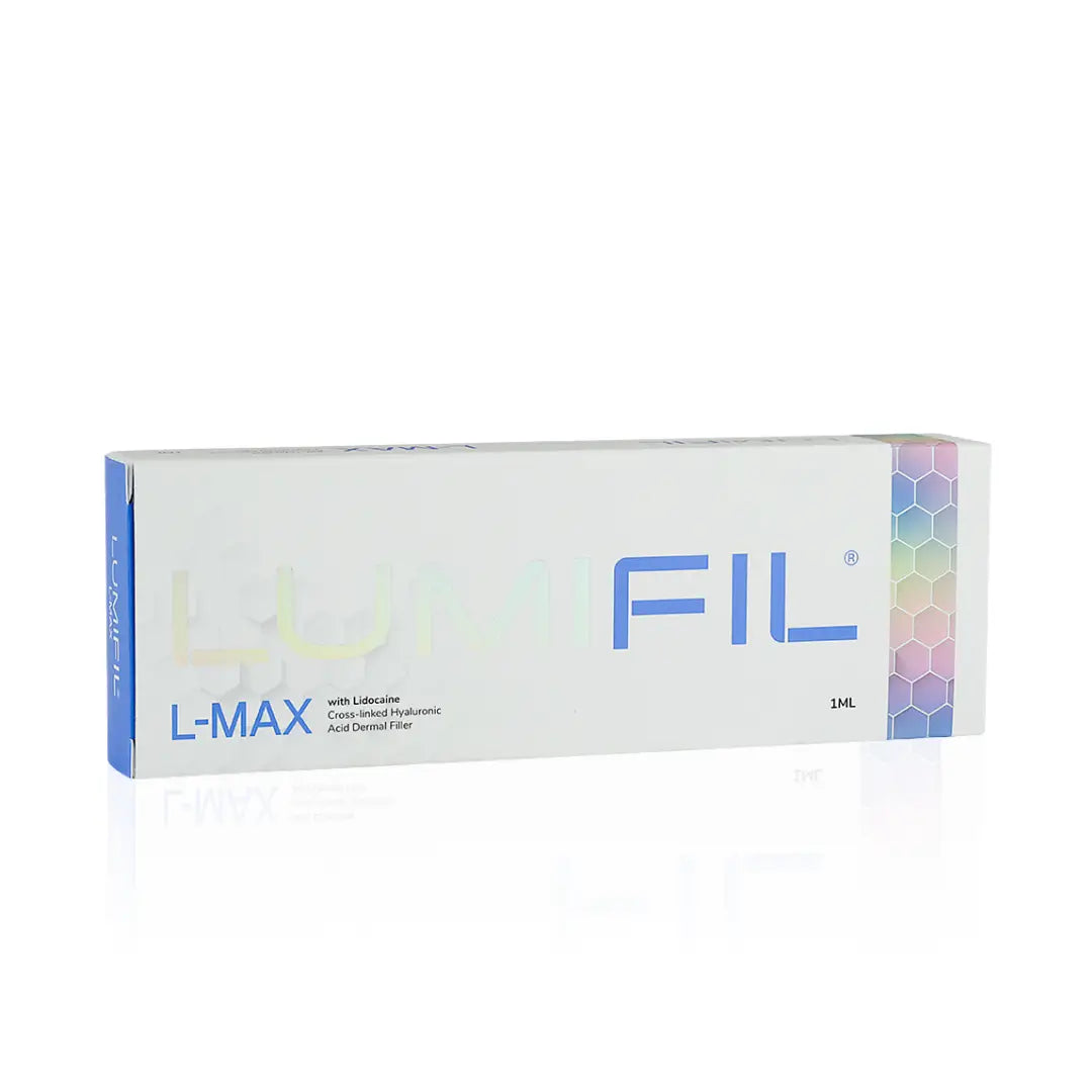 LUMIFIL L-MAX product packaging, blue and white design, marked for facial contouring, 1ml syringe included.