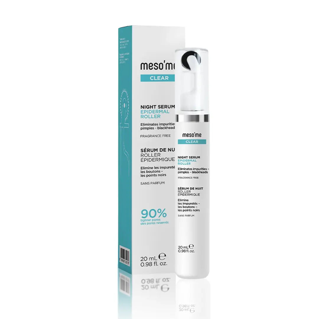 Meso'Me Clear Night Serum 20ml with roller applicator and outer box. A fragrance-free serum for smoother skin, helps reduce shine and improve pore appearance.