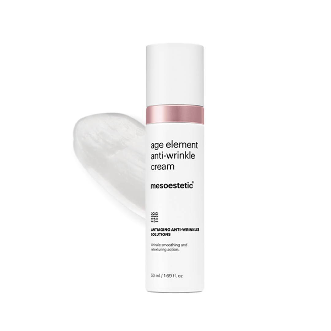 Mesoestetic Age Element Anti-Wrinkle Cream 50ml bottle with a swatch of the cream. Rich in acetyl hexapeptide-1 for wrinkle reduction.