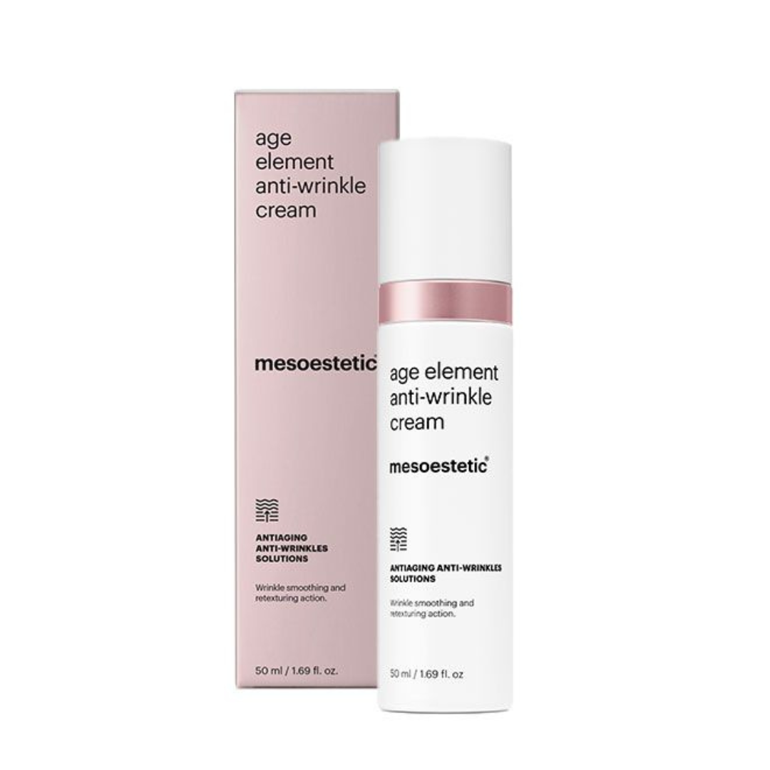 Mesoestetic Age Element Anti-Wrinkle Cream 50ml bottle with box packaging. Anti-wrinkle cream that smooths and retextures skin.