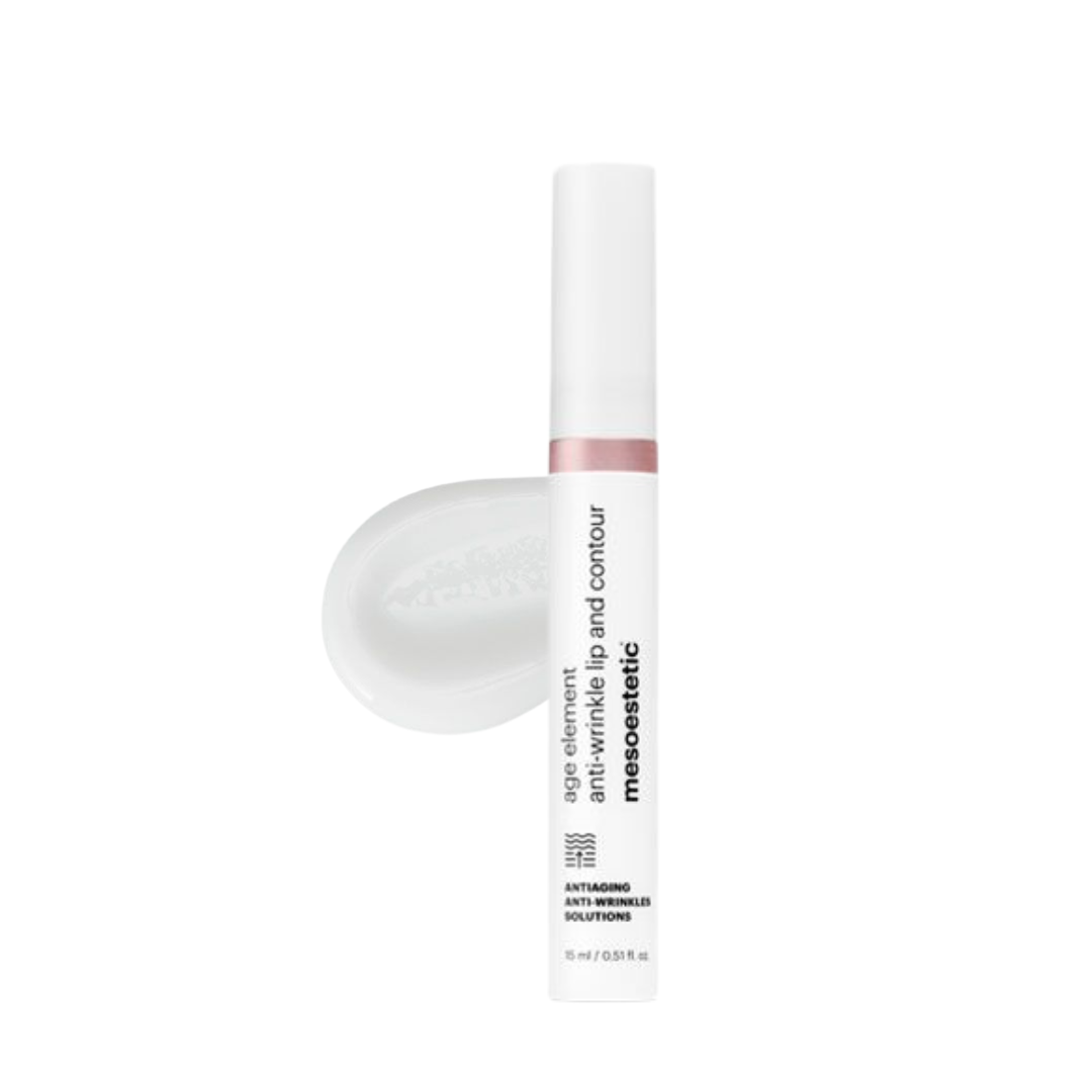Tube of Mesoestetic Age Element Anti Wrinkle Lip and Contour, 15ml, shown with a cream texture, promotes smoother lips and a refreshed lip contour.