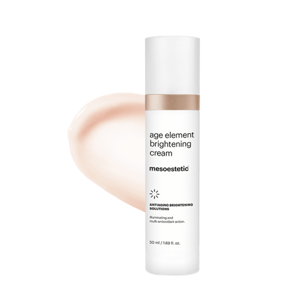 Mesoestetic Age Element Brightening Cream 50ml bottle with a swatch of the cream. Revitalizes skin and offers a hydrated, uniform appearance.