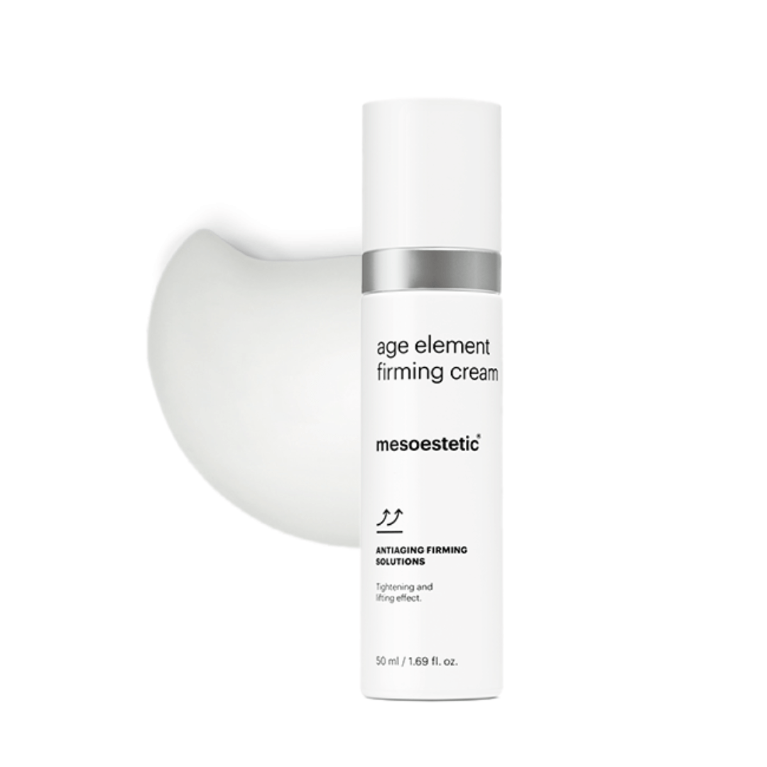 Mesoestetic Age Element Firming Cream 50ml bottle with a swatch of the cream. Provides tightening and lifting effects.