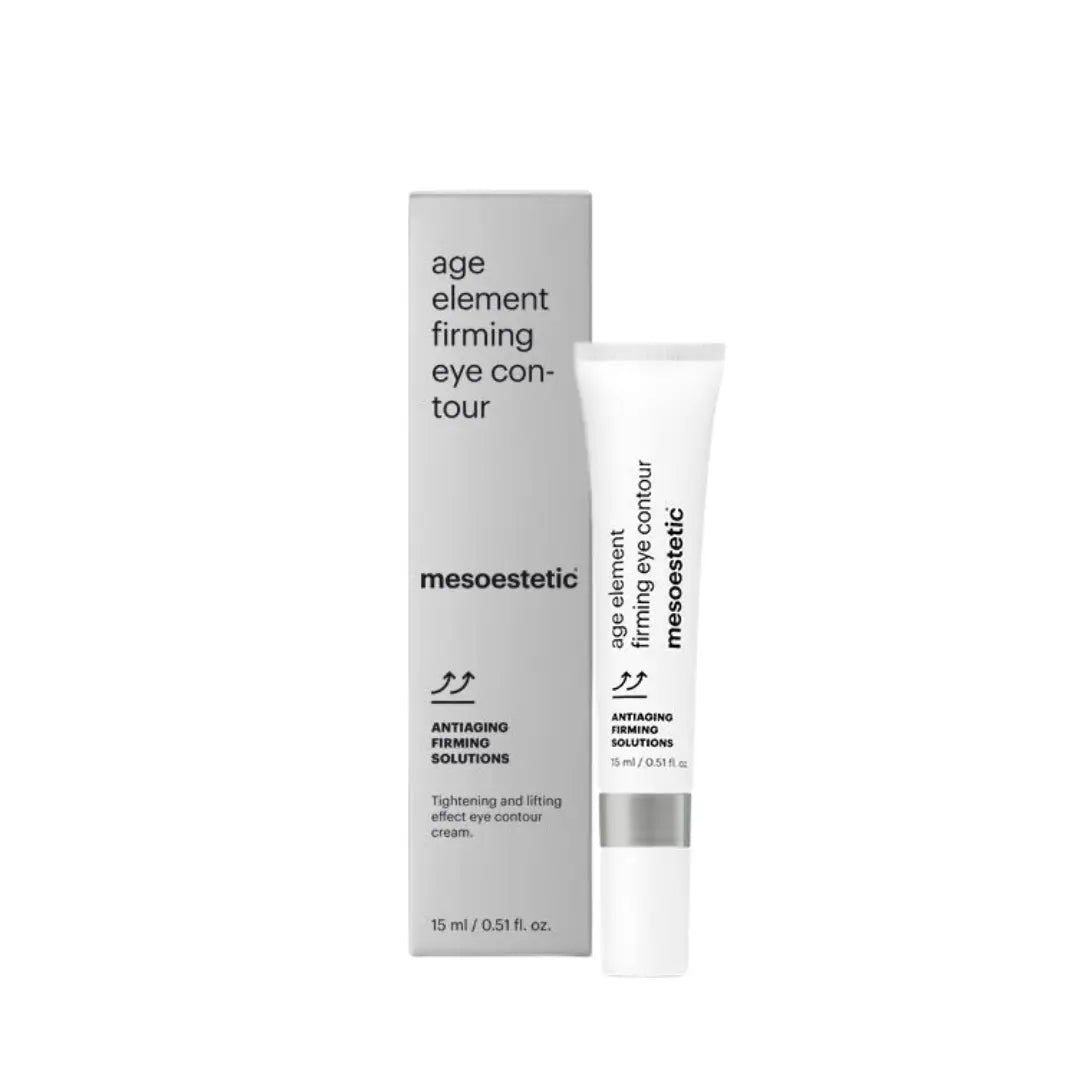 Box and tube of Mesoestetic Age Element Firming Eye Contour, 15ml, designed to enhance skin firmness, smooth fine lines, and refresh the upper eyelid.