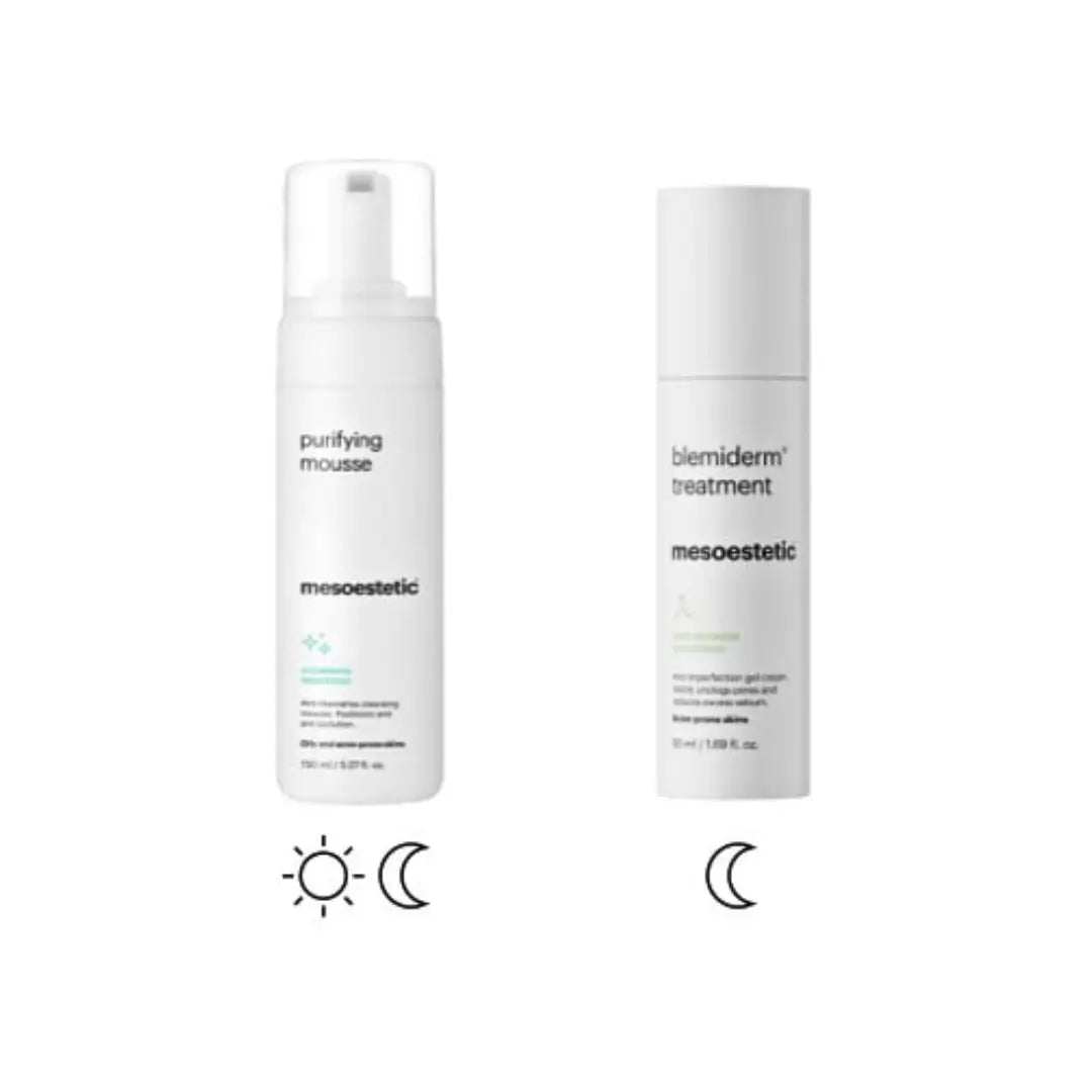 Mesoestetic home treatment products including Purifying Mousse and Blemiderm Treatment gel-cream for daily skincare.
