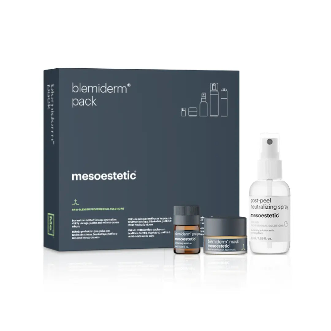 Mesoestetic Blemiderm pack showcasing three products: Pre-Peel, Mask, and Post-Peel Neutralizing Spray in professional packaging.