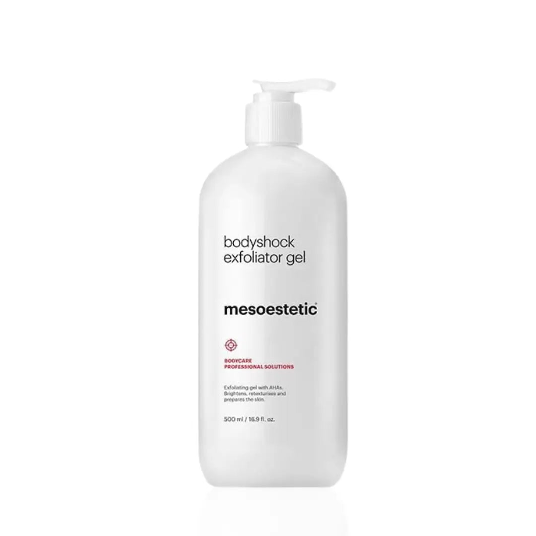 500ml bottle of Mesoestetic Bodyshock Exfoliator Gel, a gentle body care gel that smooths and refreshes skin, ideal for prepping and improving texture.