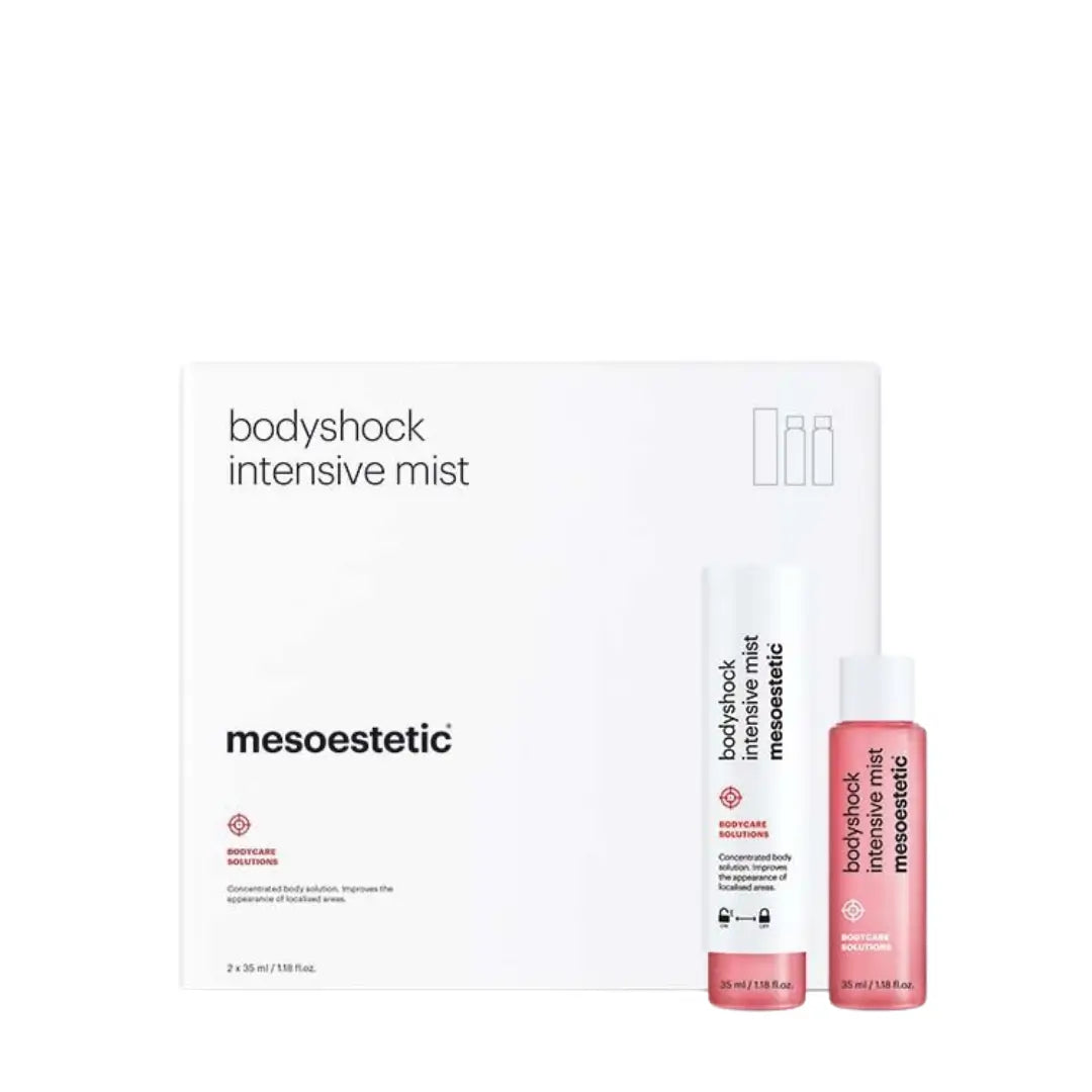 Box and two bottles of Mesoestetic Bodyshock Intensive Mist, 2 x 35ml, for refreshing and toning the skin, ideal for use before exercise or as part of a routine.