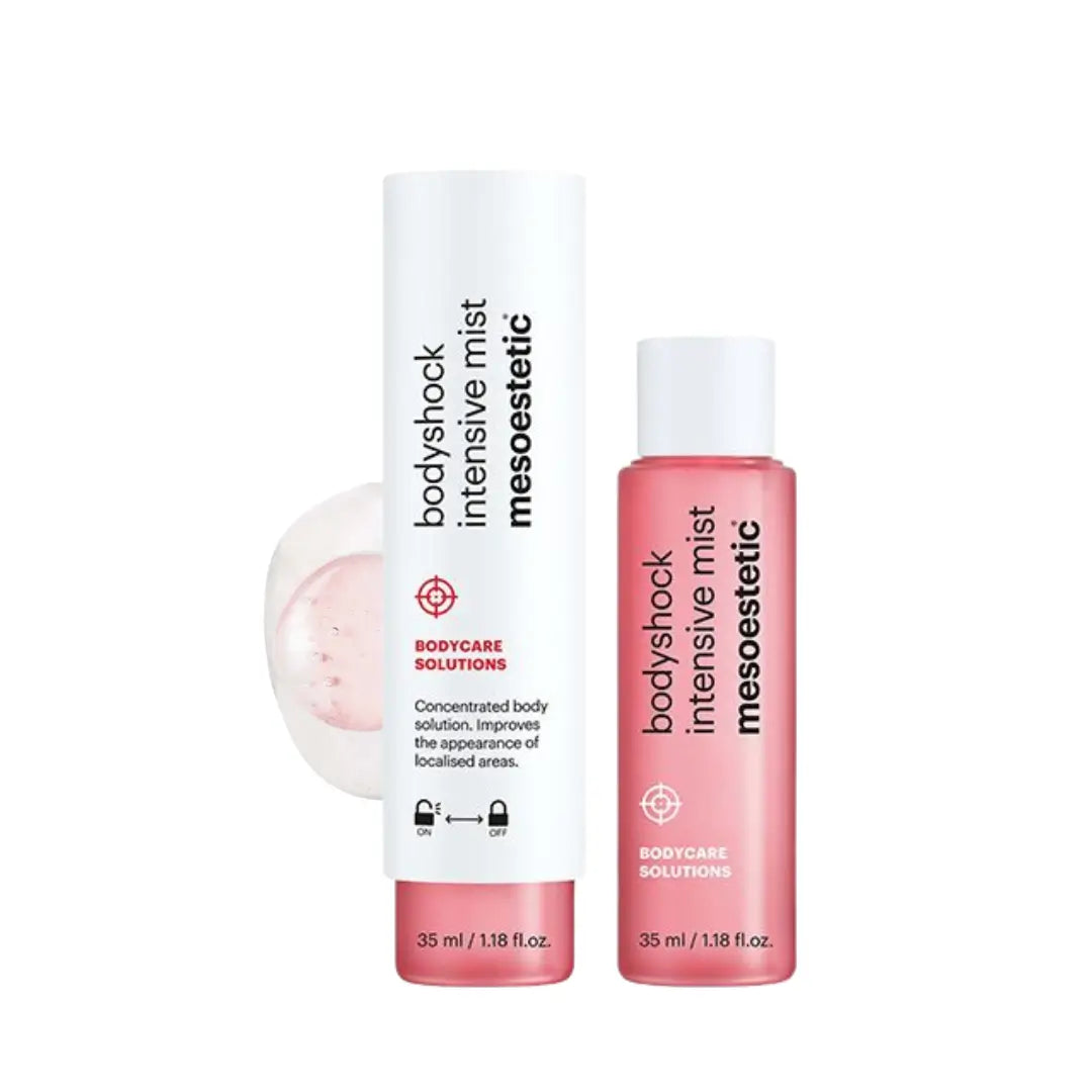 Two bottles of Mesoestetic Bodyshock Intensive Mist, 35ml each, with a light formula designed to tone and refresh localized areas of the body.