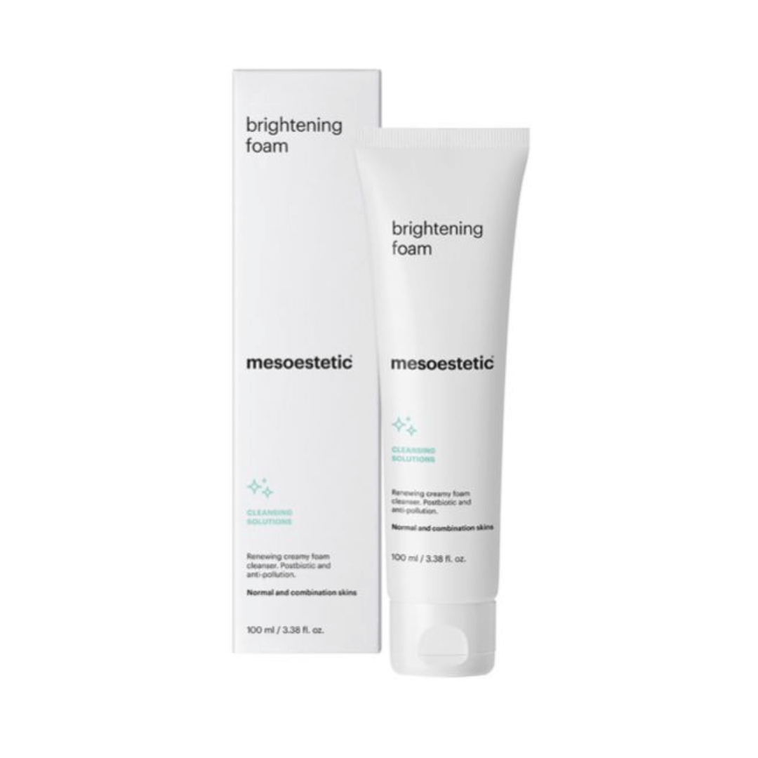 Mesoestetic Brightening Foam in tube and box, 100ml, AHA cleansing foam for improved skin texture and brightness.