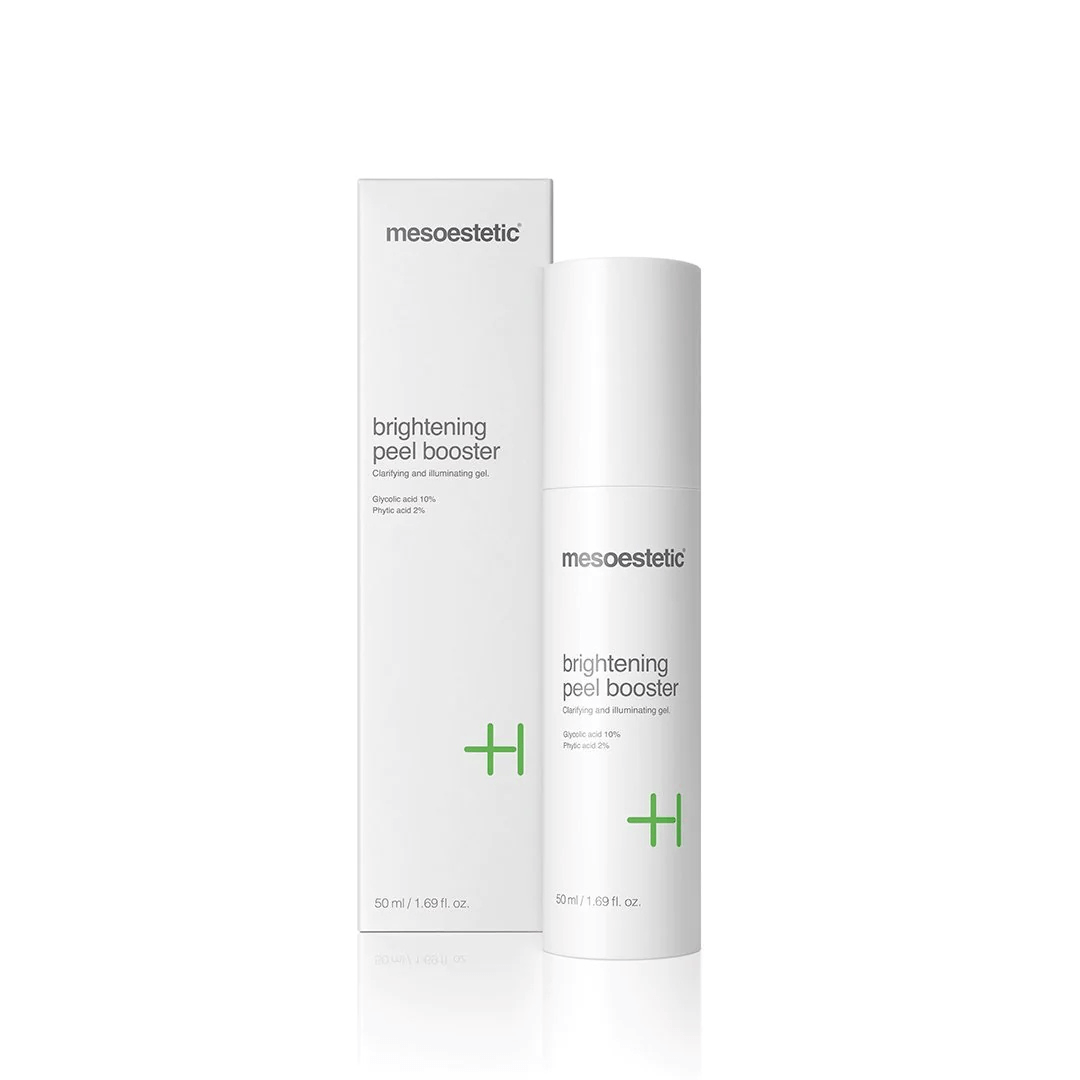 Mesoestetic Brightening Peel Booster, 50ml, in white pump bottle with box.
