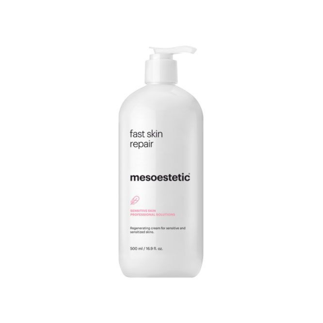 Mesoestetic Fast Skin Repair, 500ml, white bottle with pump dispenser, regenerating cream for sensitive skin.
