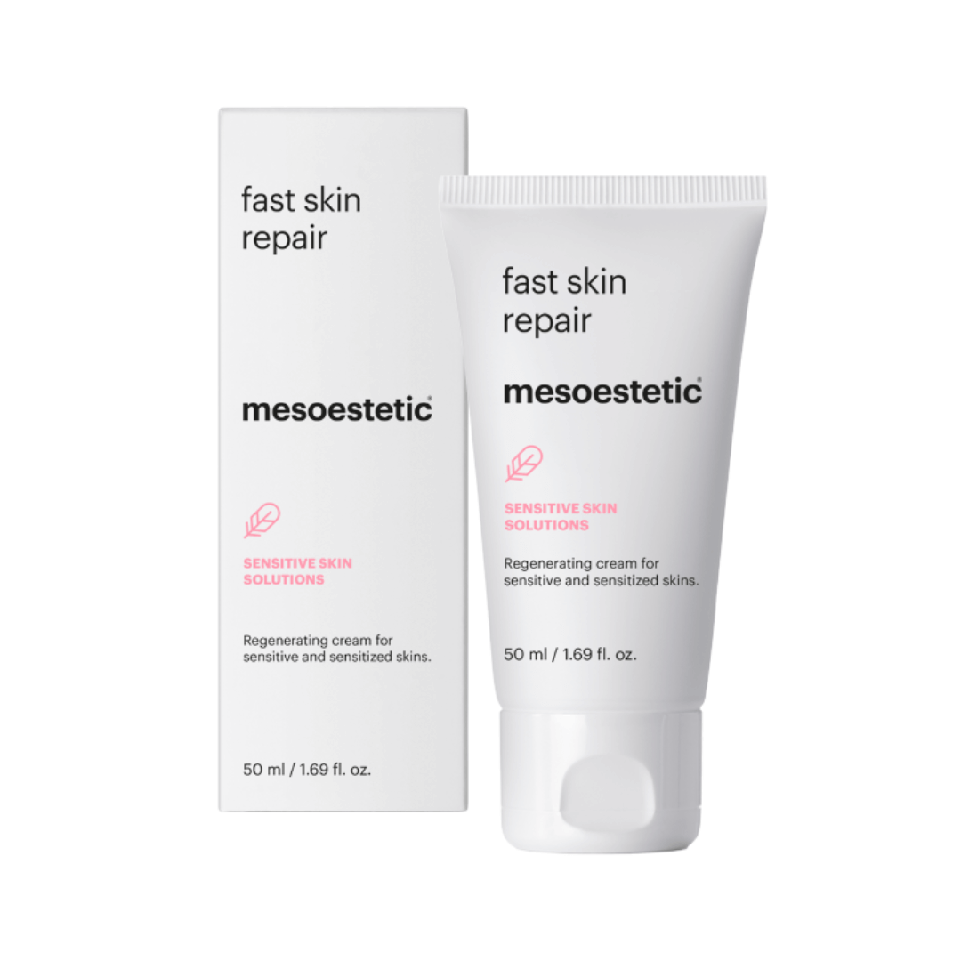 Mesoestetic Fast Skin Repair 50ML tube and box, for sensitive and sensitized skin recovery.