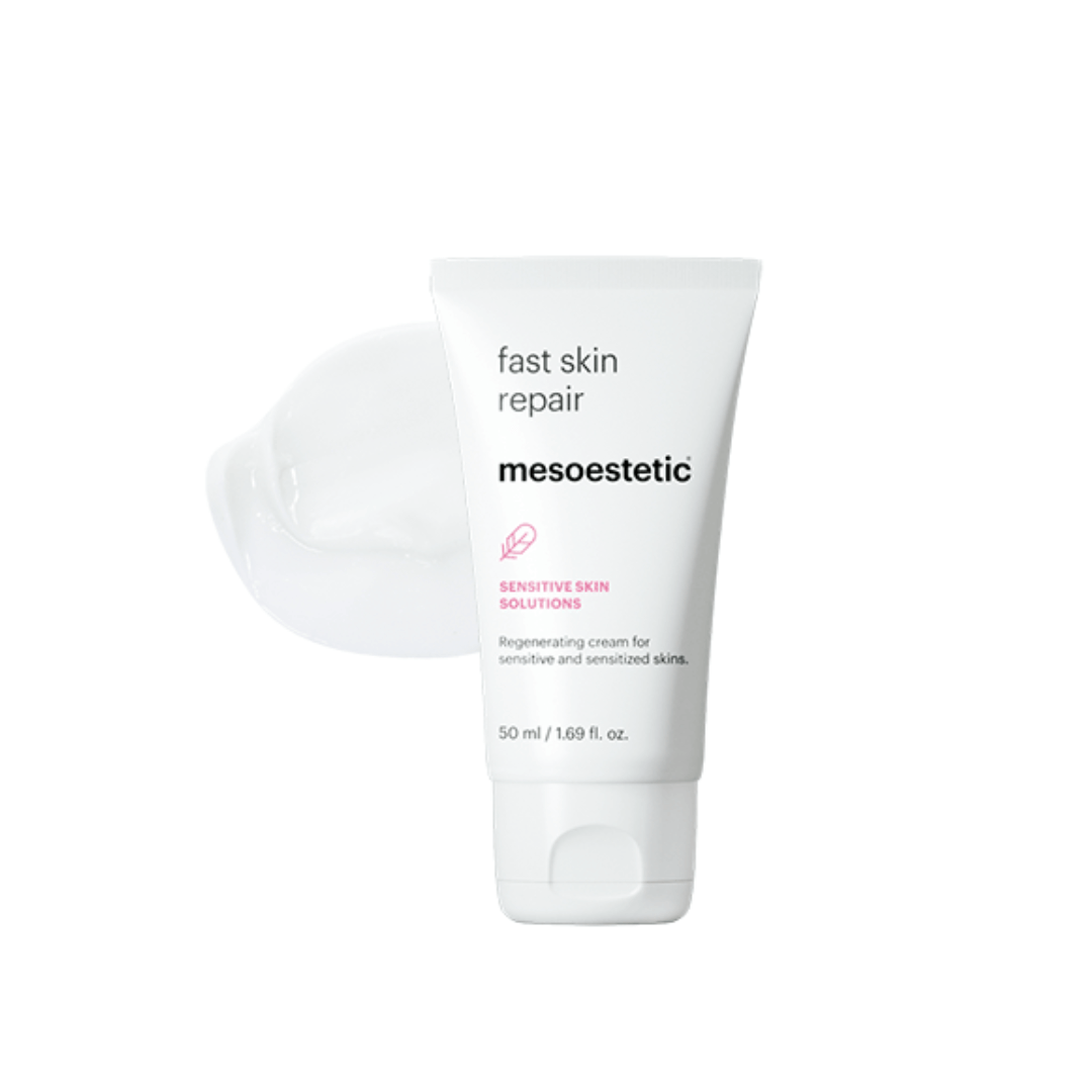 Mesoestetic Fast Skin Repair 50ML tube with cream sample, promotes skin recovery.