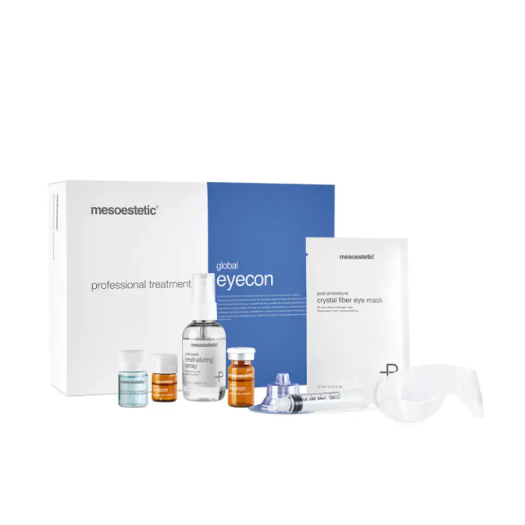 Mesoestetic Global Eyecon full treatment kit including bottles, spray, fiber eye mask, syringe, and blue and white packaging.
