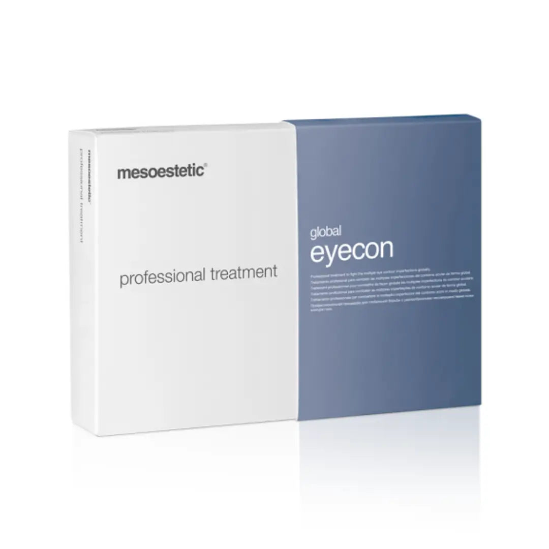 Mesoestetic Global Eyecon professional treatment box in blue and white design, labeled for targeted eye care.