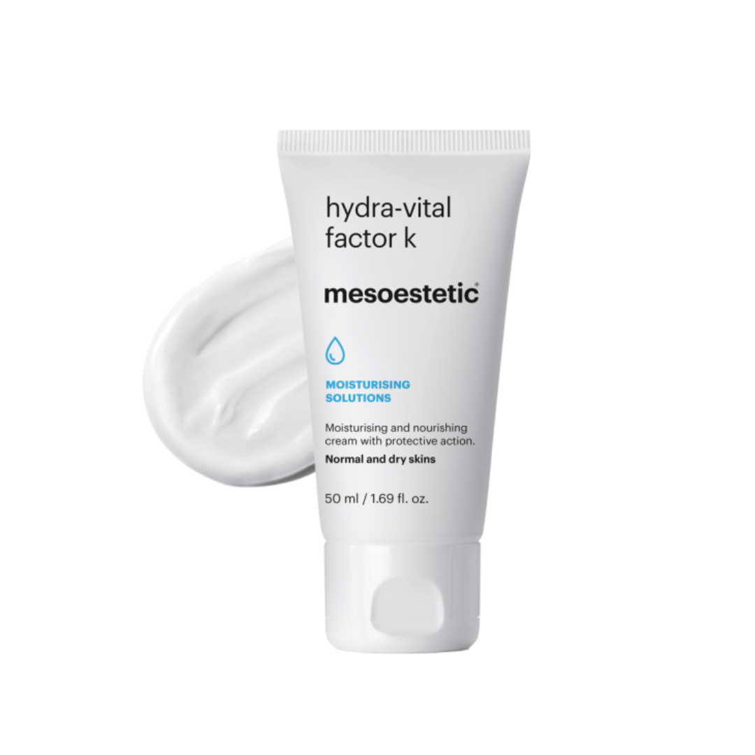 Mesoestetic Hydra-Vital Factor K, 50ml tube with cream sample, restores smoothness and elasticity for dry skin.