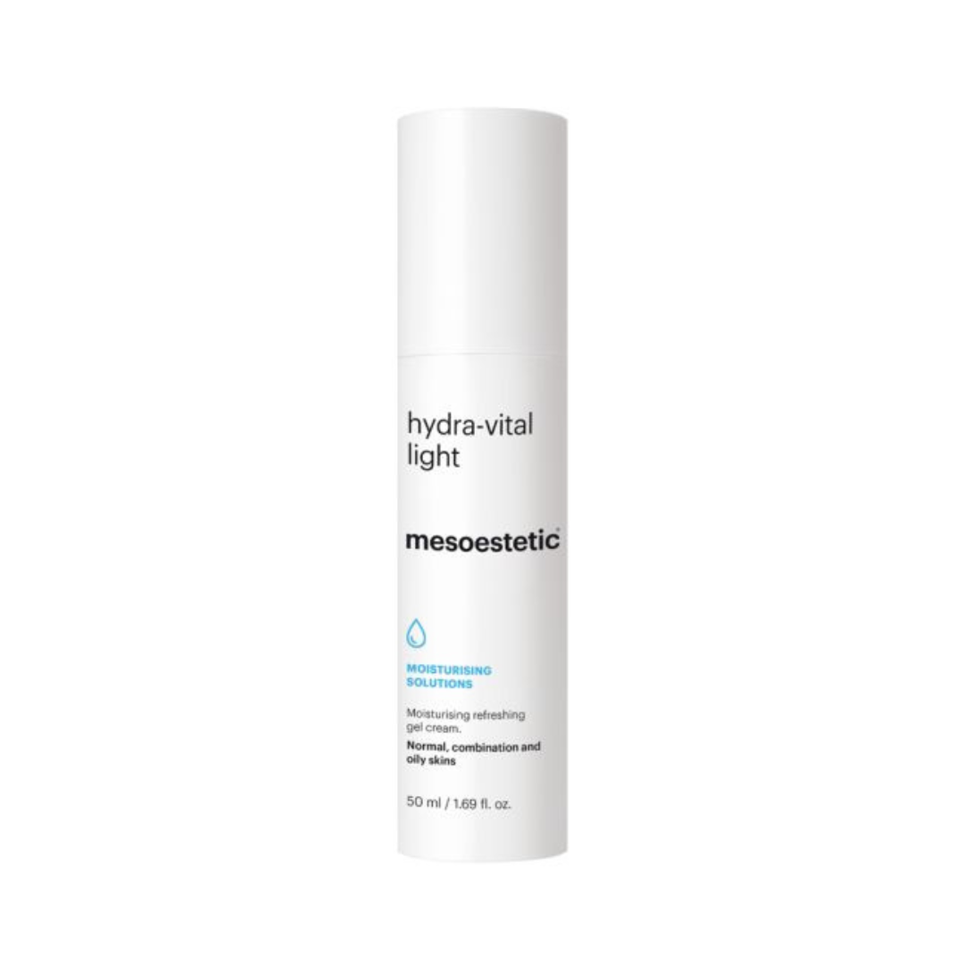 Mesoestetic Hydra Vital Light 50ml bottle, moisturizing gel-cream for normal, combination, and oily skin types.