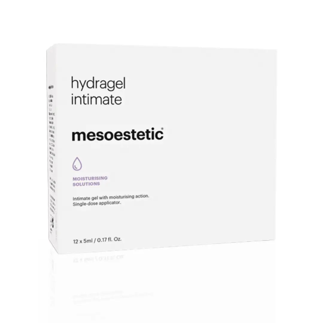 Mesoestetic Hydragel Intimate product box in white packaging, labeled as a moisturizing gel with 12 x 5ml single-dose tubes.