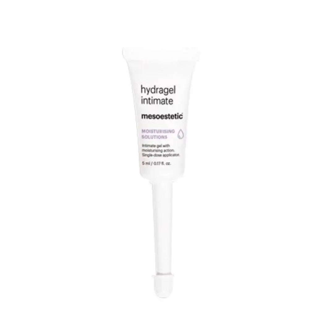 Single 5ml applicator tube of Mesoestetic Hydragel Intimate, designed for moisturizing care in a hygienic format.