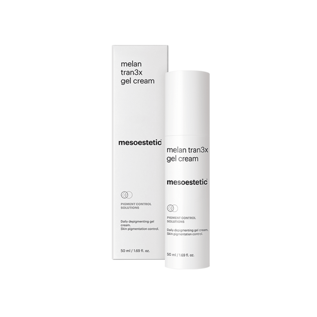 Mesoestetic Melan Tran3x Gel Cream in white packaging, 50 ml - skin depigmentation treatment for even skin tone.