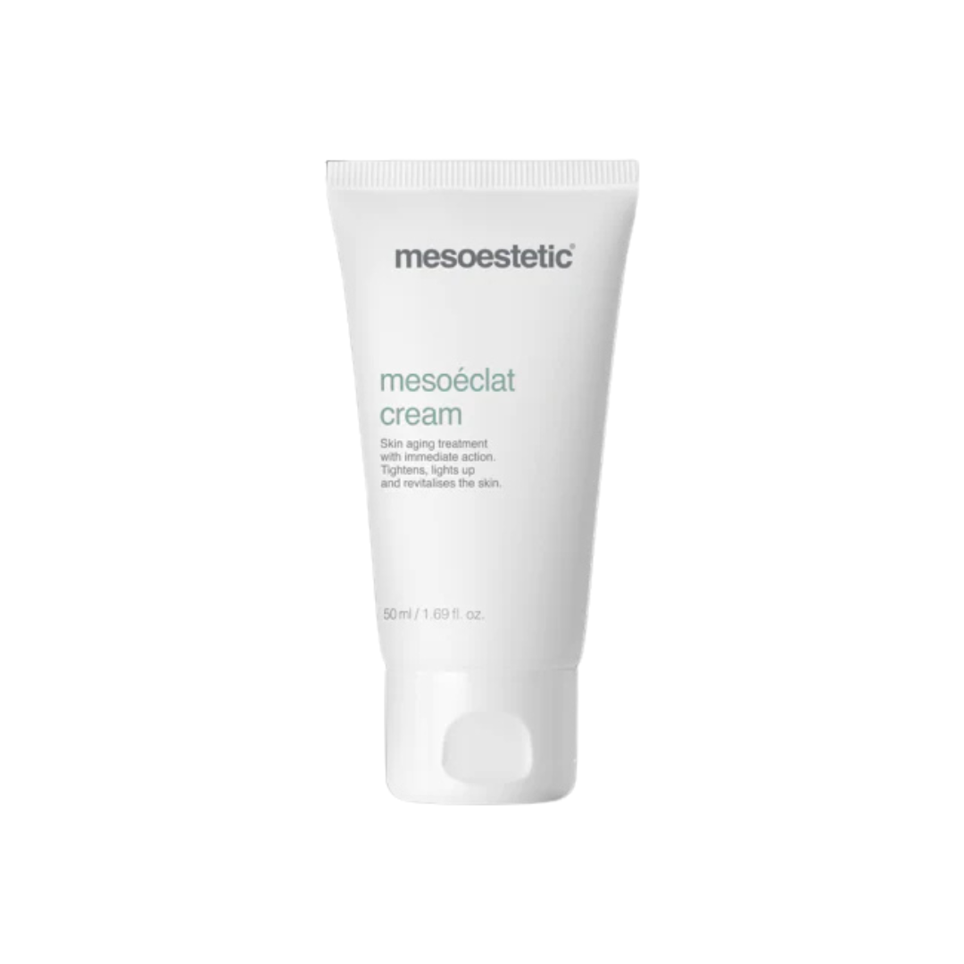 Mesoestetic Mesoeclat Cream 50ml tube, designed for global anti-aging with immediate action to combat dull skin and enhance natural radiance.