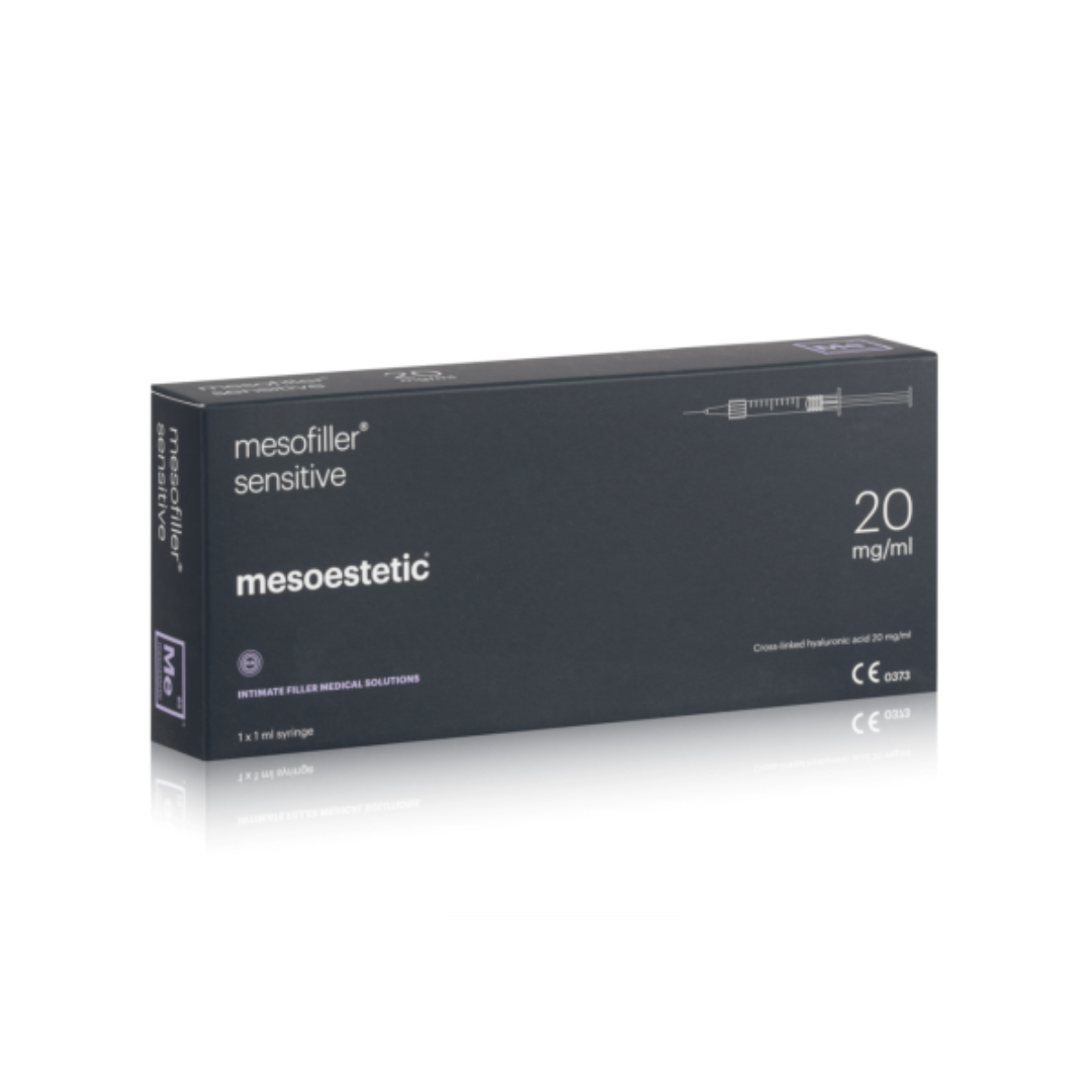 Mesoestetic Mesofiller Sensitive box, 1 x 1 ml syringe, designed for gentle hydration and comfort.