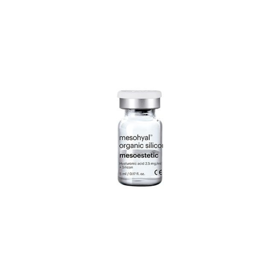 Single vial of Mesoestetic Mesohyal Organic Silicon, 5ml intradermal solution for skin tissue restructuring, contains hyaluronic acid and organic silicon.