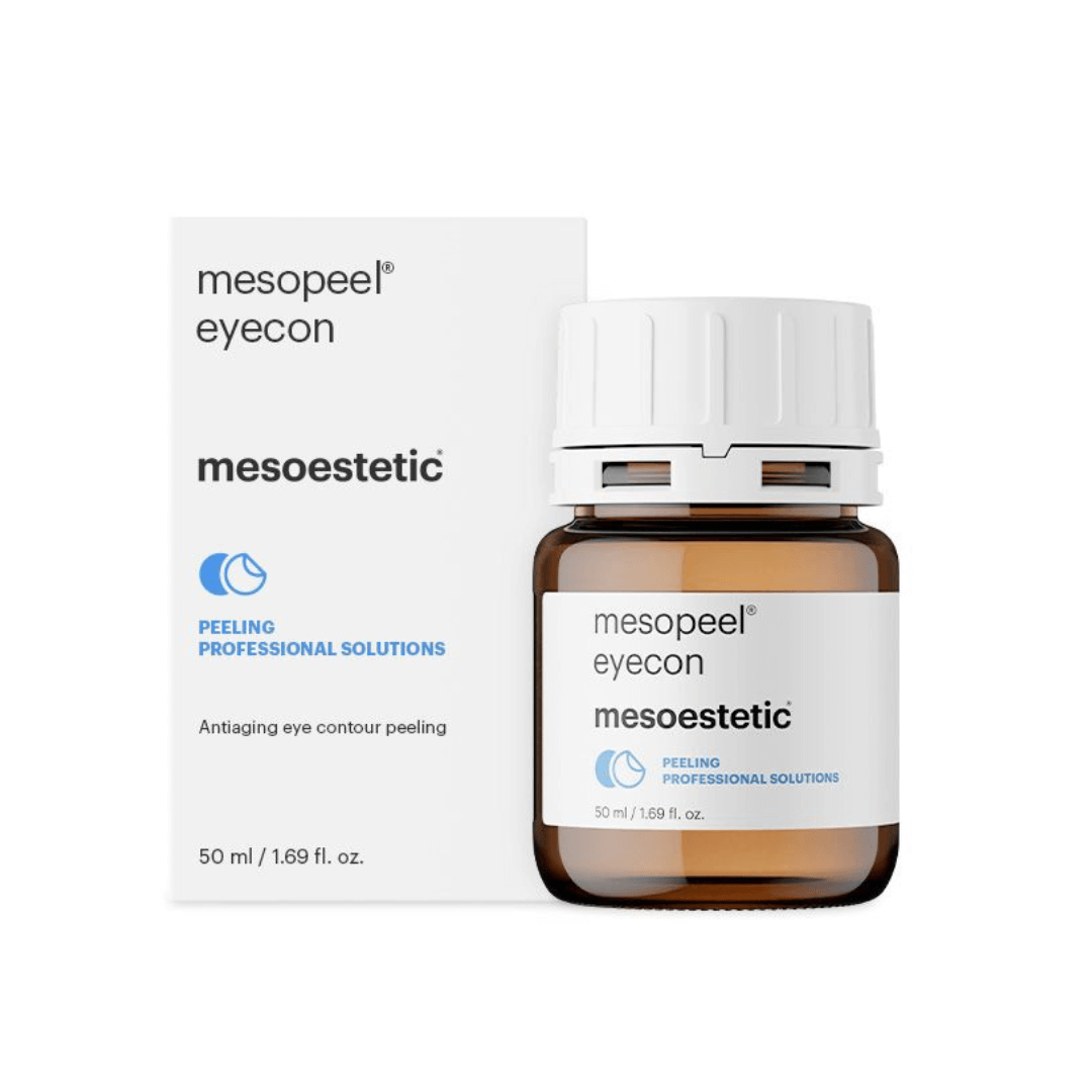 Mesoestetic Mesopeel Eyecon 50ml anti-aging peeling solution for periocular region in a brown bottle with white cap, packaged in a box.