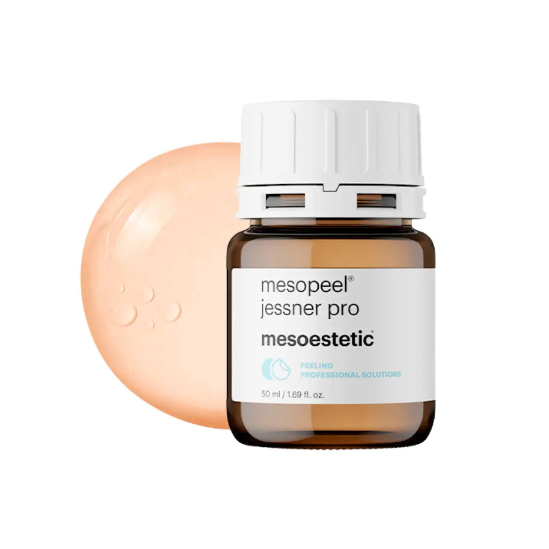 Brown bottle of Mesopeel Jessner Pro by Mesoestetic with a light orange swatch, labeled as a professional skin peel solution, 50ml.