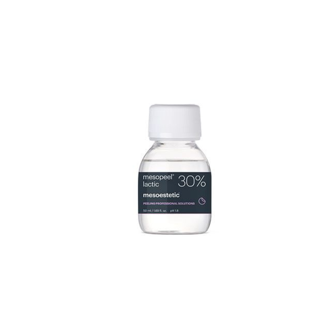 Close-up of Mesoestetic Lactic 30% bottle, enhances skin's natural barrier.