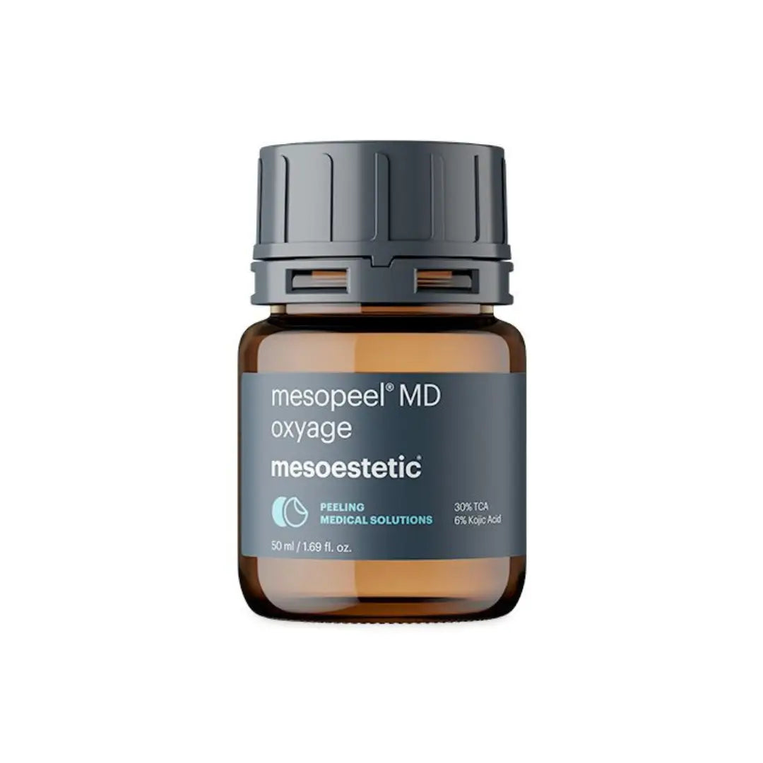 Close-up of Mesoestetic Mesopeel MD Oxyage bottle, a 50ml skin peel for texture improvement.