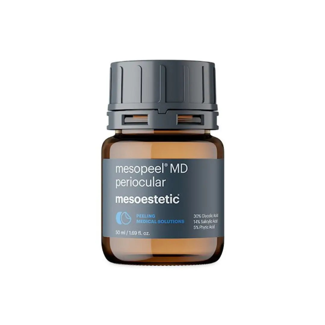 Close-up view of Mesoestetic Mesopeel MD Periocular 50ml bottle, showcasing its amber glass container and gray lid, labeled for periocular application with key ingredients like glycolic and salicylic acids.
