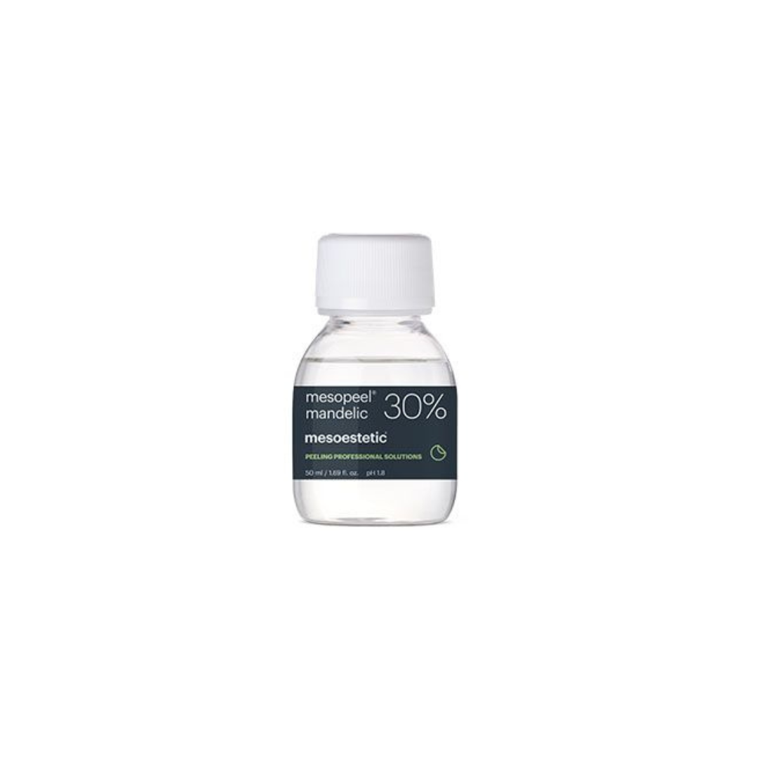 Mesoestetic Mandelic 30% acid peel bottle, gentle exfoliation solution for improved skin texture and tone.