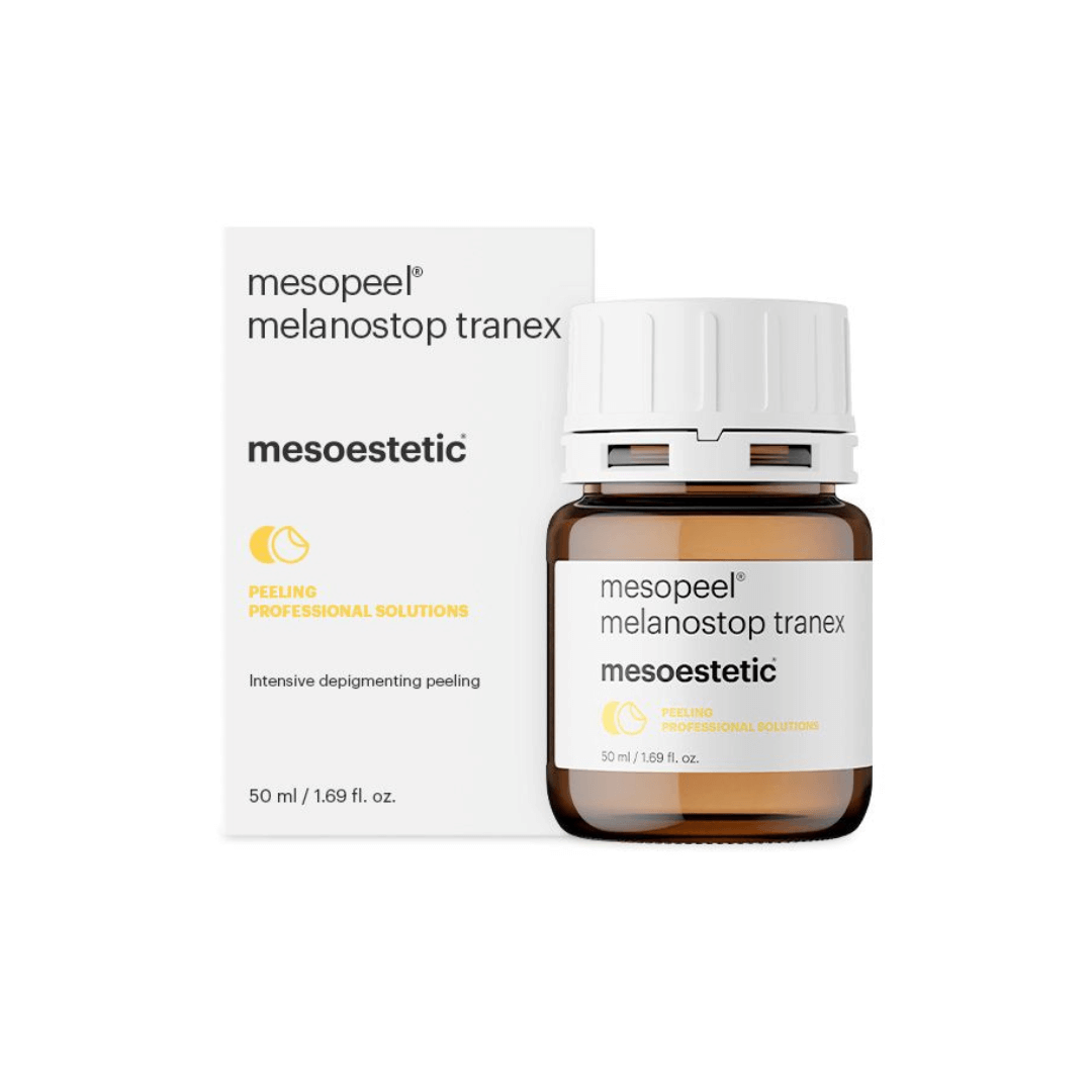 Mesoestetic Melanostop Tranex peel packaging and product jar displayed together.