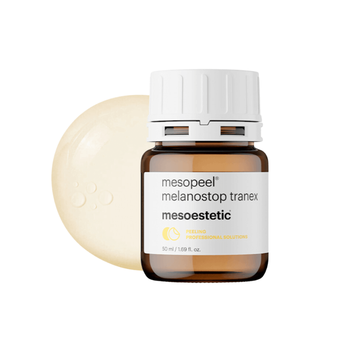 Mesoestetic Melanostop Tranex peel with product swatch next to the jar and packaging.