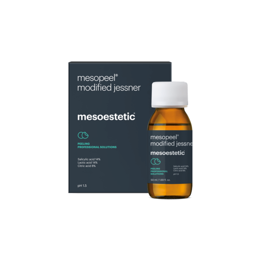 Packaging and bottle of Mesopeel Modified Jessner peel solution, salicylic, lactic, and citric acids, designed for enhanced skin rejuvenation.