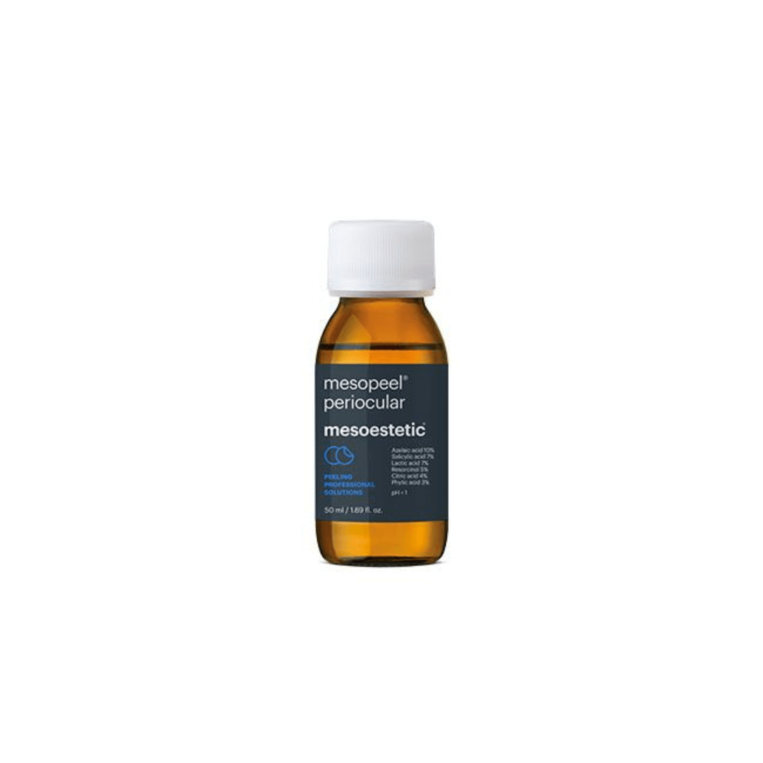Bottle of Mesoestetic Mesopeel Pericocular with white cap on a plain background, 50ml.