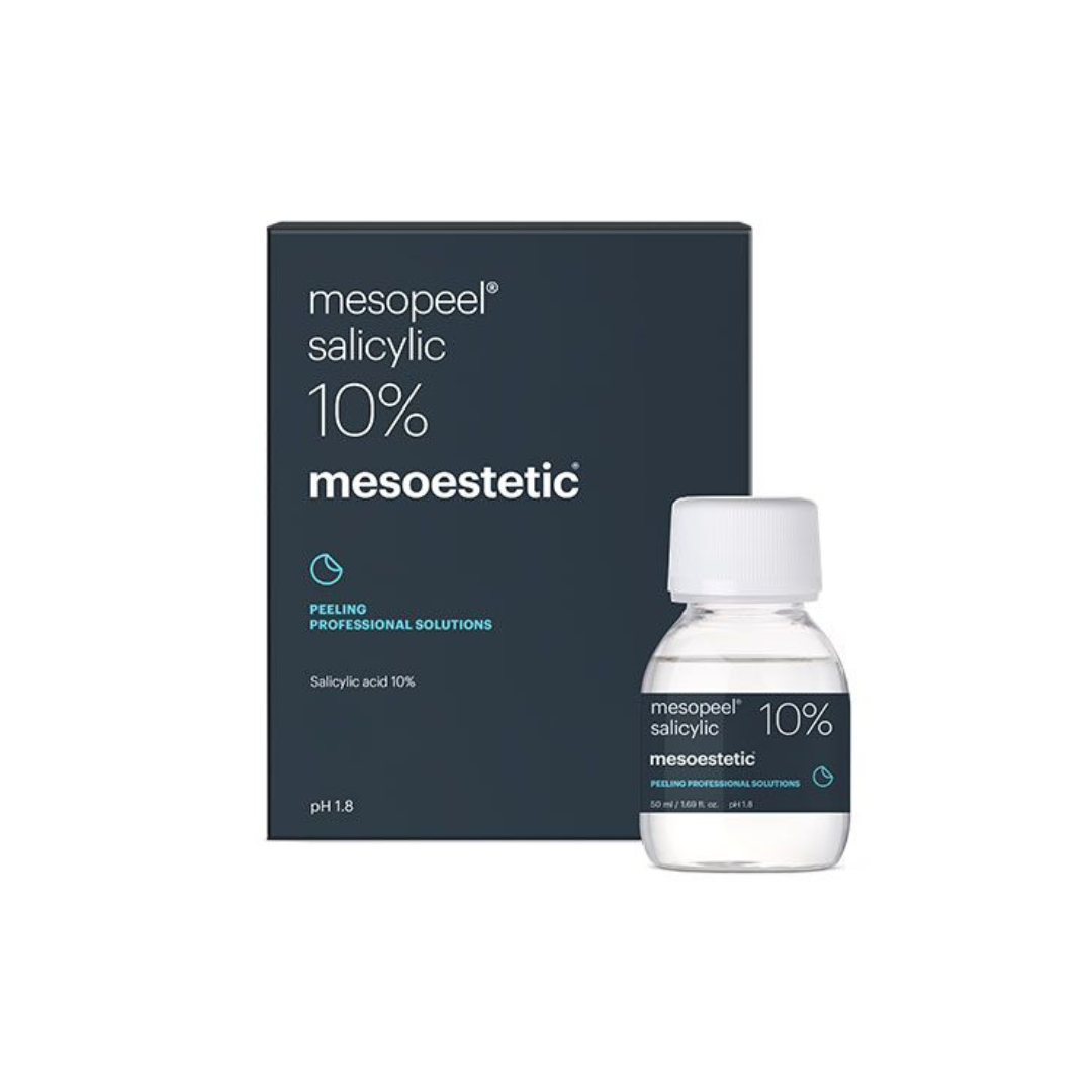 Packaged Mesoestetic Mesopeel Salicylic 10%, a 50ml salicylic acid treatment for oily skin, displayed with its box.