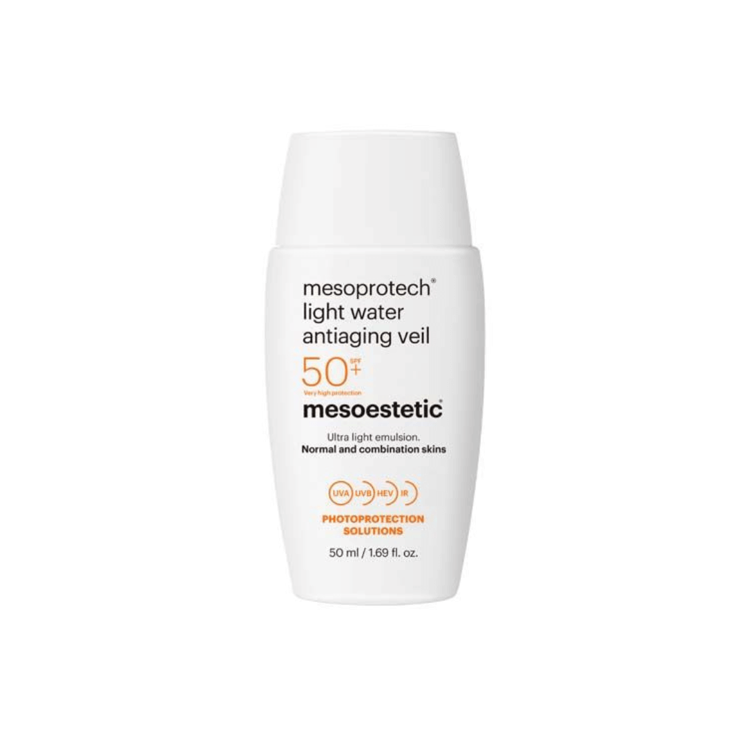 Mesoestetic Mesoprotech Light Water Antiaging Veil SPF50+ in white bottle, 50ML.