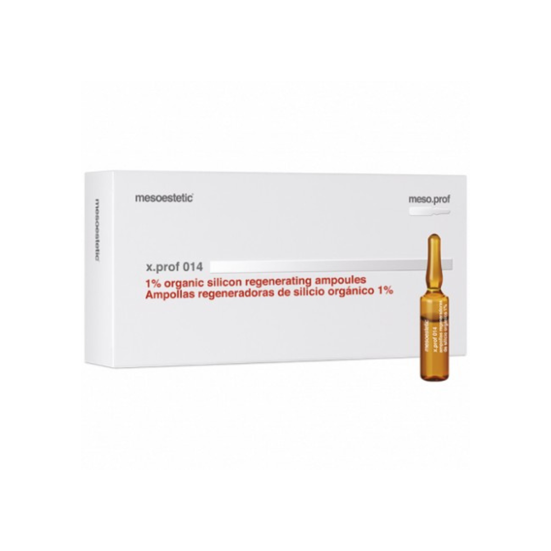 a box and one 5ml ampoule of Mesoestetic X.Prof 014 Organic Silicon 1%, used for skin firming and moisturizing.