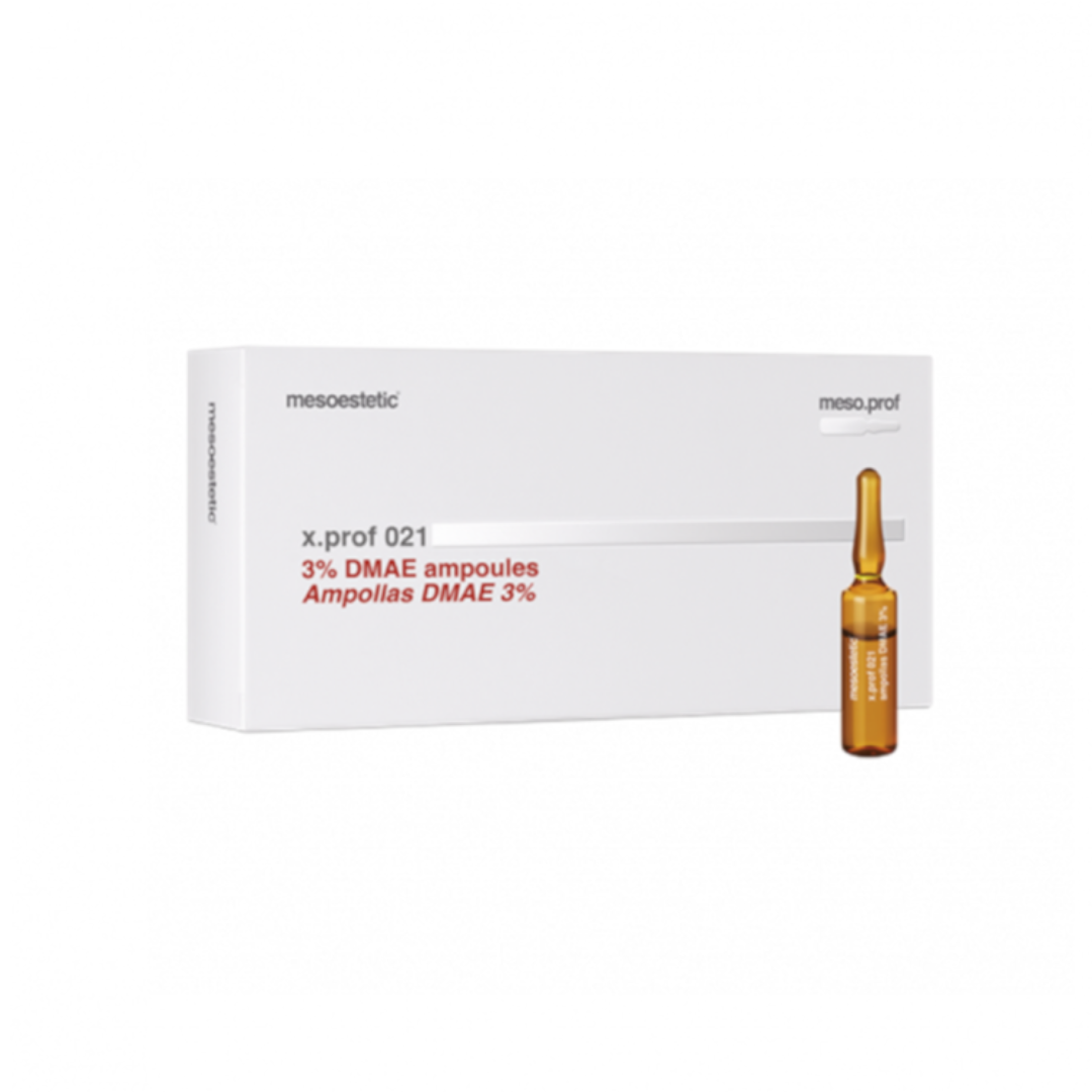 Mesoestetic X.Prof 021 3% DMAE Ampoules box and a single ampoule.