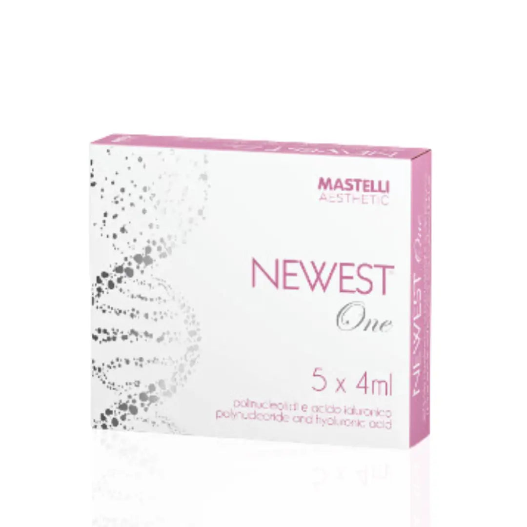 Newest One skin care box with 5x4ml ampoules for skin hydration and radiance, featuring white and pink packaging with polynucleotide and hyaluronic acid details.