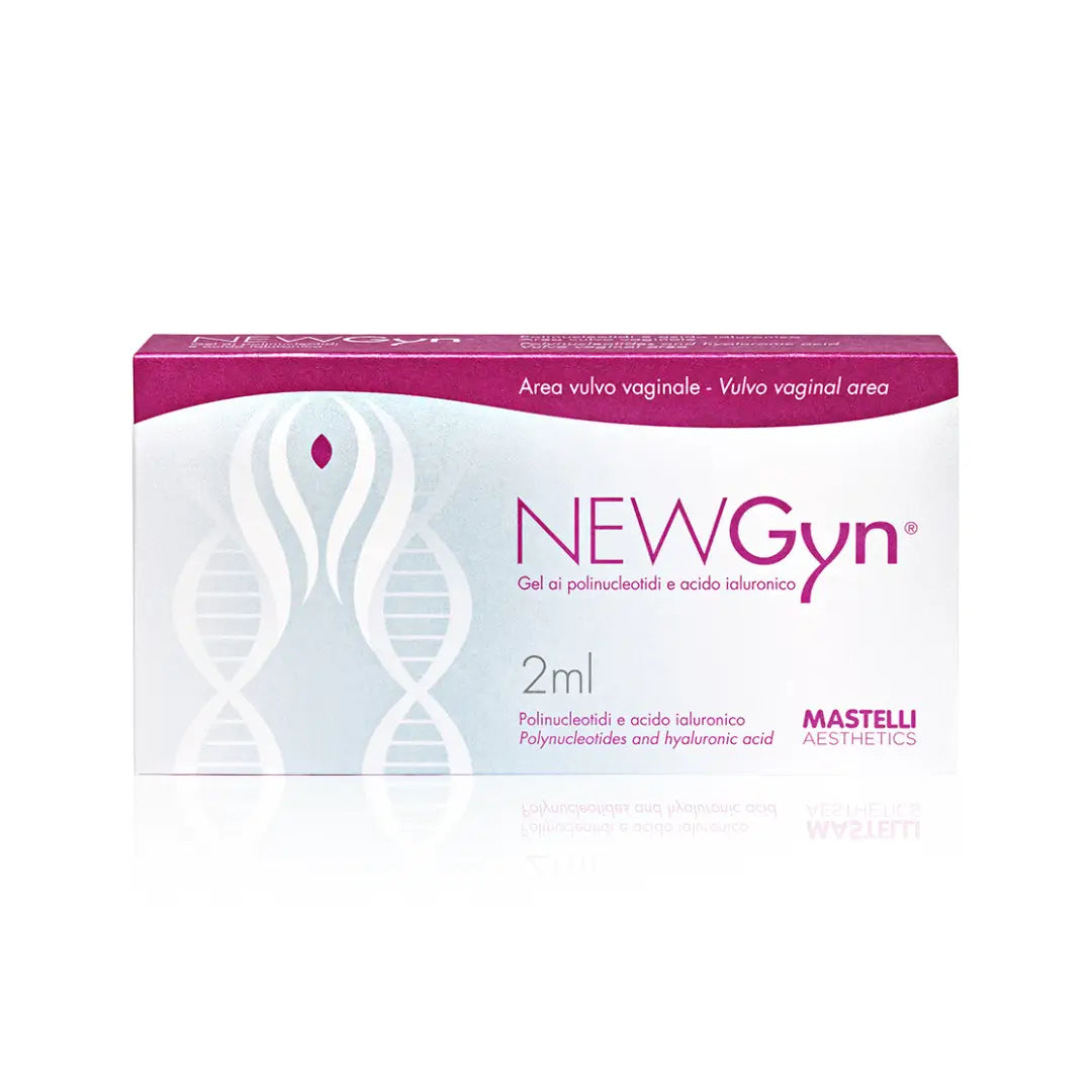 NEWGYN gel box, 2ml pack for hydration and firmness, white and magenta design, labeled for vulvo-vaginal area.