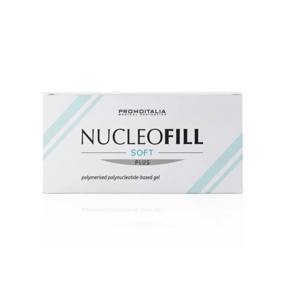 Nucleofill Soft Plus skincare box with minimalist design, offers a polynucleotide-based gel for gentle skin rejuvenation.