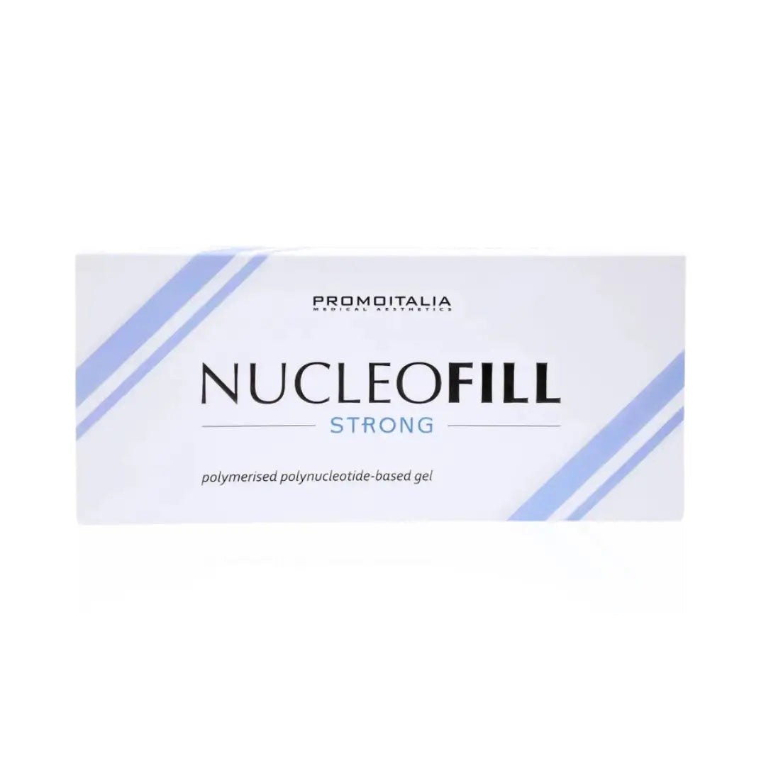 Promoitalia Nucleofill Strong skincare gel box featuring a high viscosity, polynucleotide-based formula for enhanced skin firmness and reduced wrinkles.