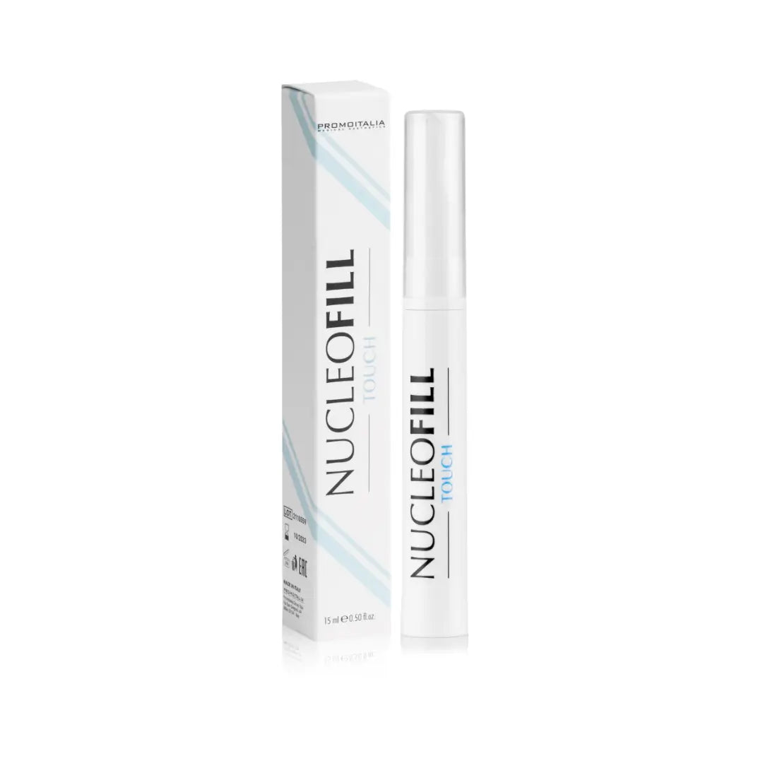 Nucleofill Touch cosmetic gel in a white dispenser with blue-accented packaging, offers a quick skin smoothing effect and reduces wrinkles.