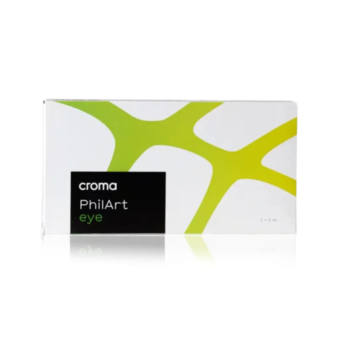 Box of Croma PhilArt Eye with 1 x 2ml vial, featuring a green and white design for eye contour treatment.